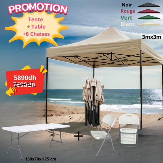 Pack Tente Pliante + Table Pliante 150cm + 8 chaises Pliante Réf B3664
