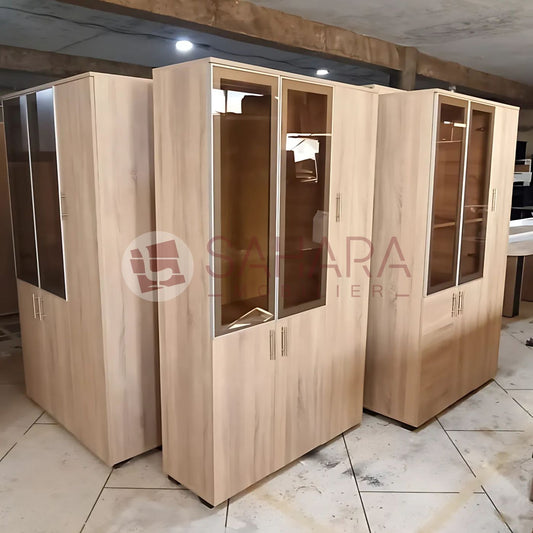 Armoire de rangement portes battantes en bois avec serrure, deux porte vitrés