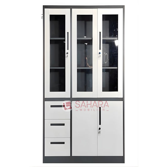 Armoire porte battante semi vitrés avec serrure et trois tiroirs