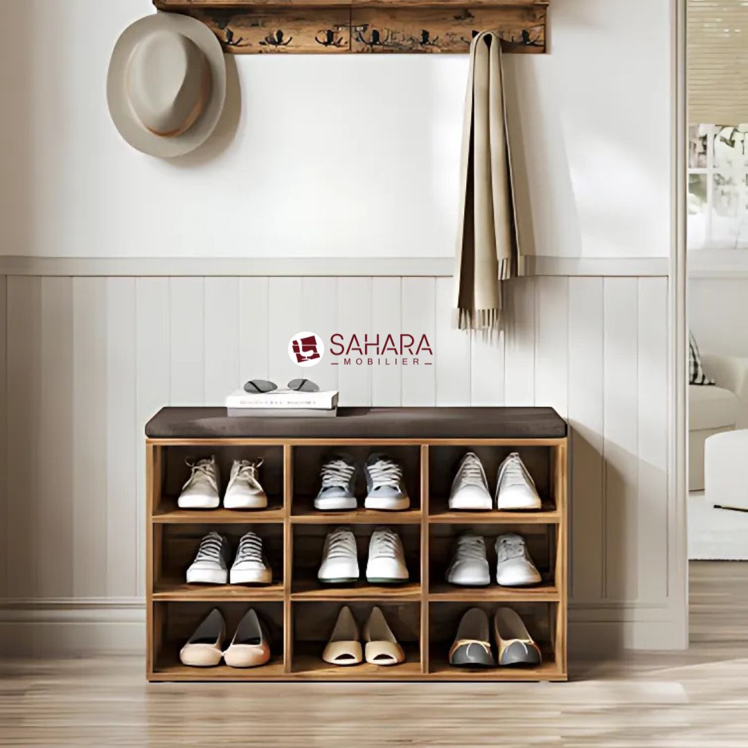 Banc à Chaussures, Étagère à Chaussures avec Coussin comprenant 9 paires de chaussures