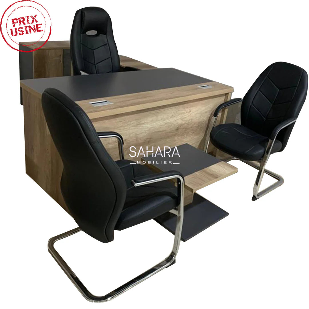 Bureau de direction en MDF et blanc et beige avec retour exposé dans le showroom avec pack fauteuil noir en  simili cuir