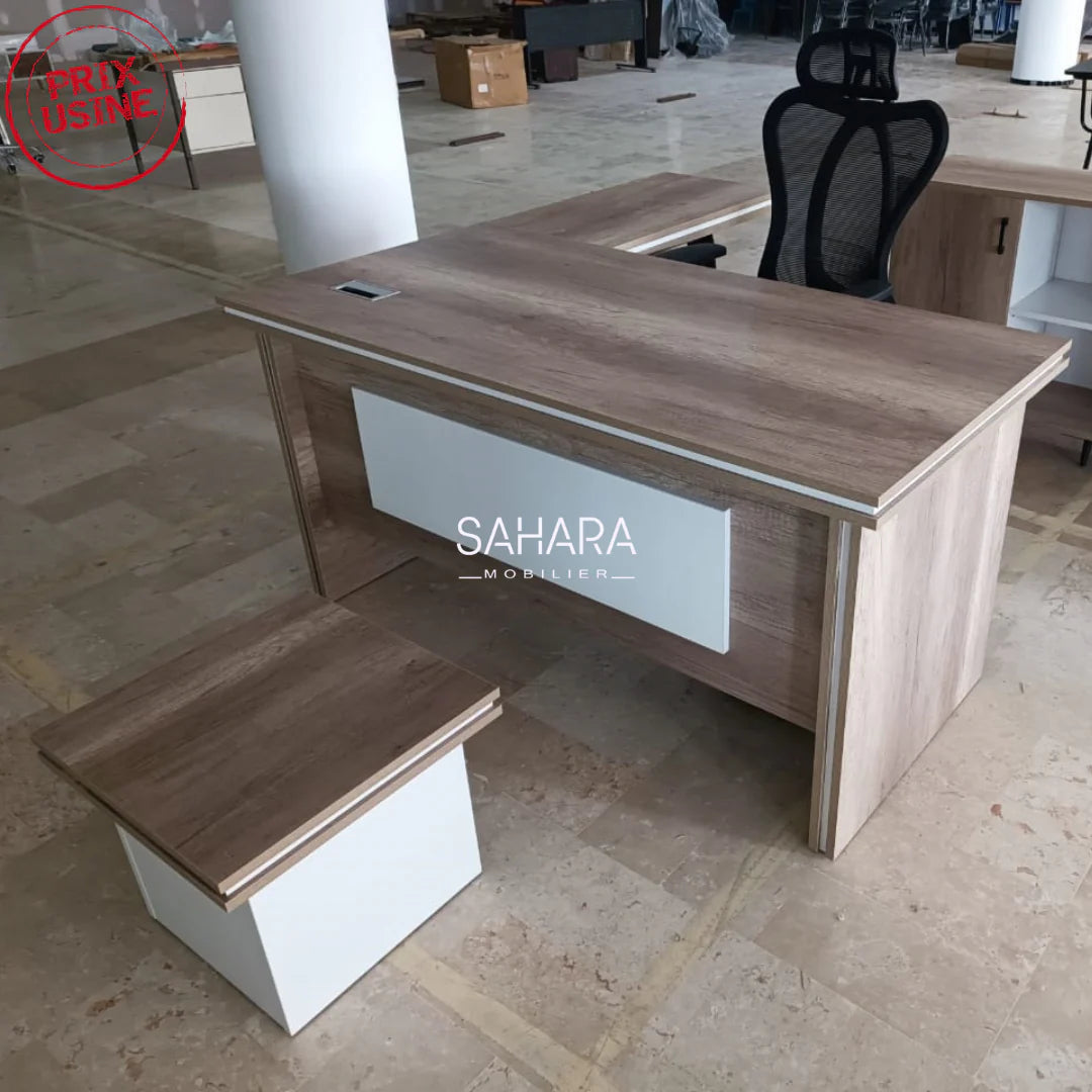 bureau avec retour fixe sur piètements en métal  caisson mobile table basse