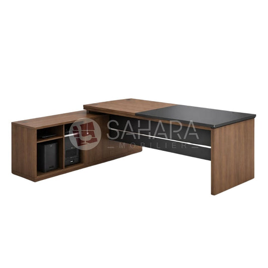 Dimensions totales : 2000 × 1700 × 750 mm
- Plateau et pieds en mélaminé, épaisseur 50 mm, avec bords en ABS droit
- Plateau bicolore : o Moitié en bois mélaminé noir o Moitié en noyer, wengué ou palissandre (au choix de l’administration) Voile de fond :
- Réalisé en panneaux de particules de bois mélaminé, épaisseur 18 mm, avec bords en ABS droit Équipé d’une bande décorative en aluminium,