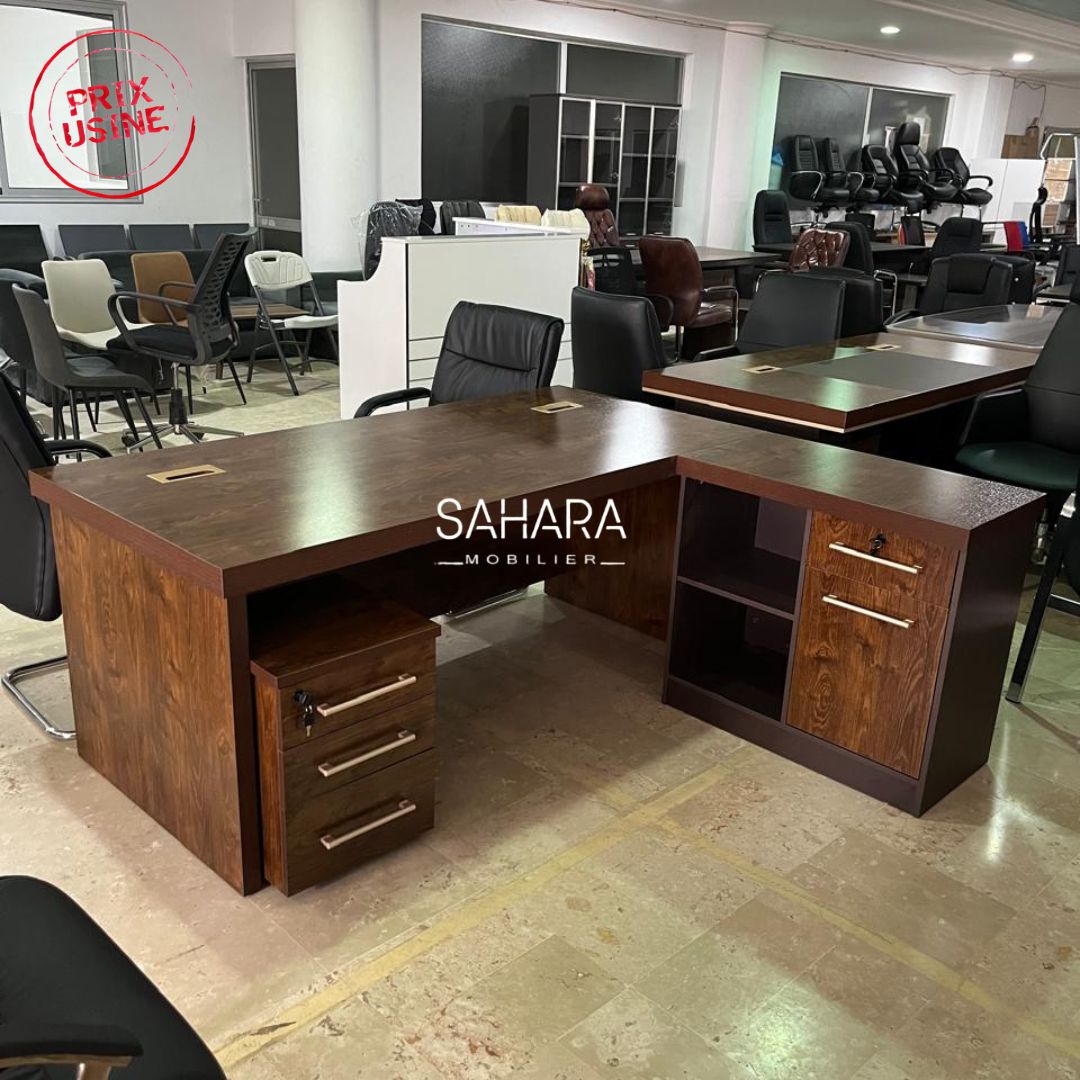 2eme face d'un bureau de direction avec retour fixe et caisson Mobile en bois mélaminé