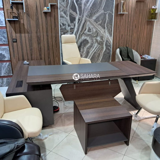 Bureau de directeur avec ensemble fauteuil simili cuir en beige haut gamme