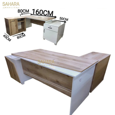 Bureau avec retour finition en bois mélaminé couleur beige et blanc