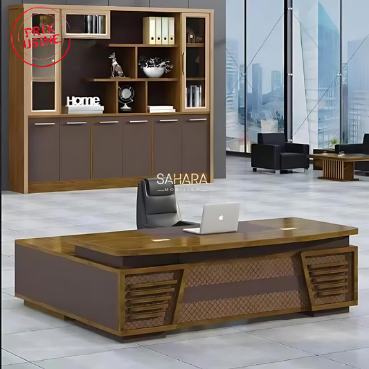 Le plan de travail est fabriqué en panneau mélamine de 60mm d'épaisseur, avec chants en ABS antichoc 2mm en PVC ,
Le plan est de largeur de 1600 mm * 1800mm et de profondeur de 850 mm et la hauteur  est de 760mm .
Caisson mobile  posé à 3 tiroirs avec poignées finition aluminium avec fermeture centralisée.
Dimension caisson Larg400mm Prof 400mm hauteur 500mm
l'ensemble est en panneau de particules deux faces décor épaisseur 19mm avec chants en pvc 2mm, 
La face inférieure est mécanisée p