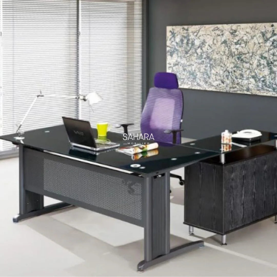 Bureau de direction piètements métallique voile perforé plateau en verre avec retour fixe modern et élégant