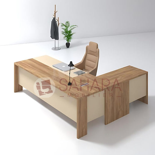 Bureau en angle (forme L) avec retour latéral à droite
Conception en MDF haute densité pour une robustesse et une stabilité durables
Voile de fond en finition beige, coordonnée au retour et au bandeau supérieur
Passe-câbles intégrés pour une gestion propre et discrète des câbles
Finitions élégantes et professionnelles, adaptées aux espaces de direction
Surface de travail spacieuse, idéale pour l'organisation des documents et du matériel informatique
Dimensions générales : 200 x 180 x 75cm