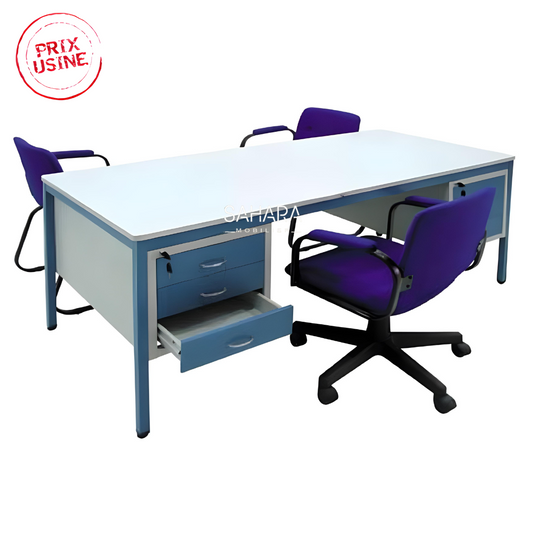 Bureau bleu avec deux chaises, équipé d'un double caisson fixe.