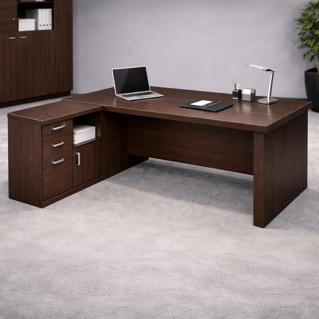 Bureau Dim : plateau : Long :1800±20 mm - Largeur : 900±20 mm - H : 740±20 mm épaisseur : 40 mm en Bois MFC (Mélaminé) Couleur : Wenger une teinte sombre qui donne une apparence élégante et moderne; Passage des câbles intégré au bureau ; Piètement :plein en panneau MDF mélaminé, épaisseur : 40mm, voile de fond descendant