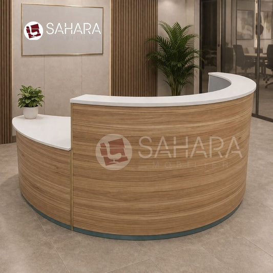 Type : Comptoir d’accueil professionnel arrondi
Style : Design contemporain avec façade courbe