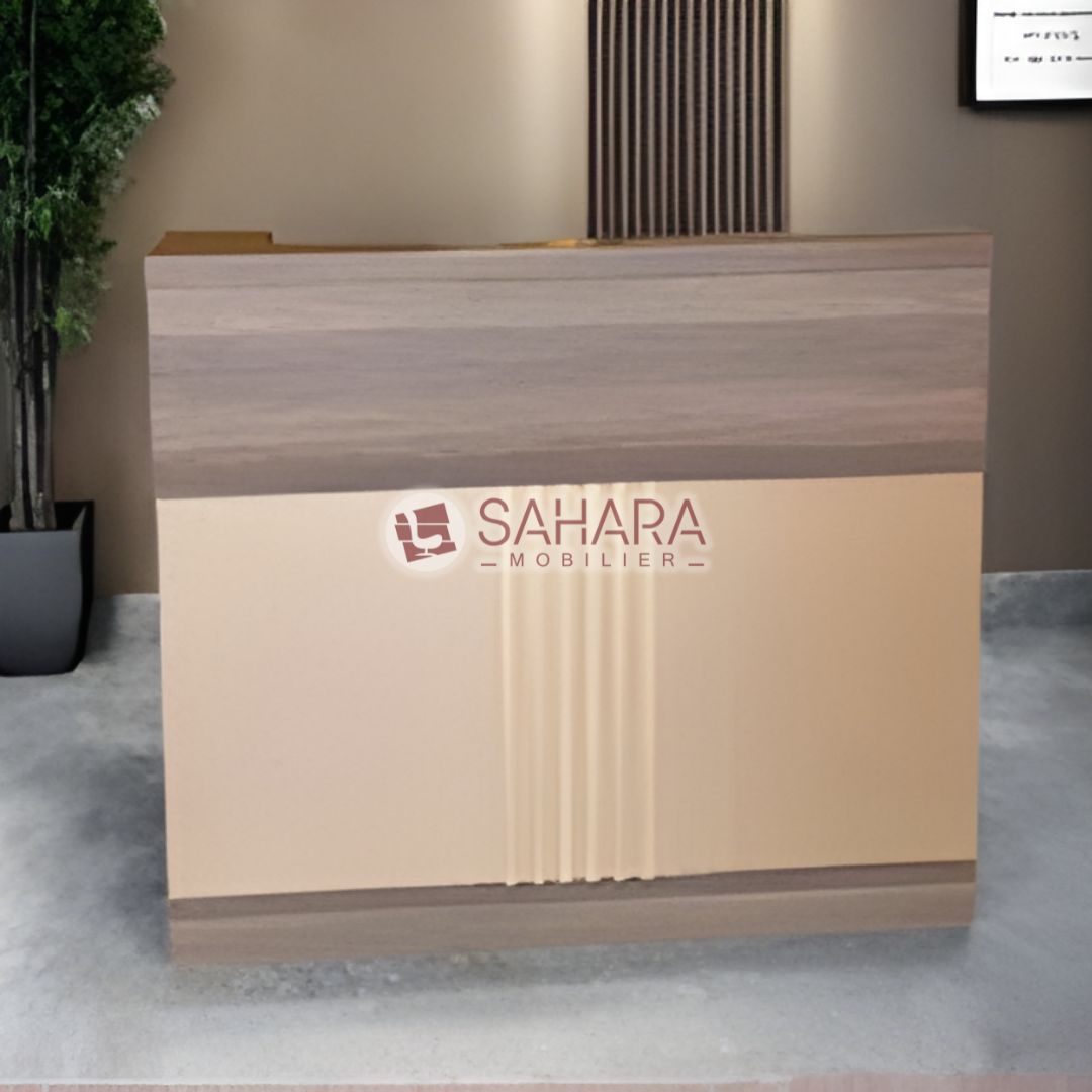Comptoir d'accueil en MDF en beige avec des motif sur le voile et caisson mobilier de sahara Mobilier