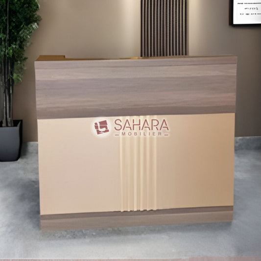 Comptoir d'accueil en MDF en beige avec des motif sur le voile et caisson mobilier de sahara Mobilier