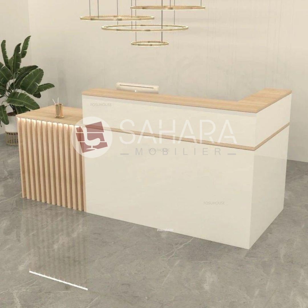 Structure :
Structure en panneaux MDF haute densité
Finition mélaminée résistante aux rayures et à l’usure
Assemblage robuste pour usage professionnel intensif
Plateau :
Plateau supérieur en finition bois naturel
Surface résistante et facile d’entretien
Épaisseur renforcée pour une meilleure stabilité