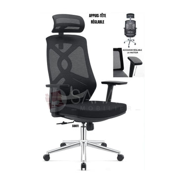 Type : Fauteuil de bureau ergonomique avec appui-tête
Revêtement : Dossier en maille respirante (MeSH) haute résistance
Assise : Assise rembourrée en mousse haute densité, revêtement tissu noir
Dossier :
Dossier ergonomique en résille respirante
Structure renforcée avec soutien lombaire intégré
Forme anatomique pour un maintien optimal du dos