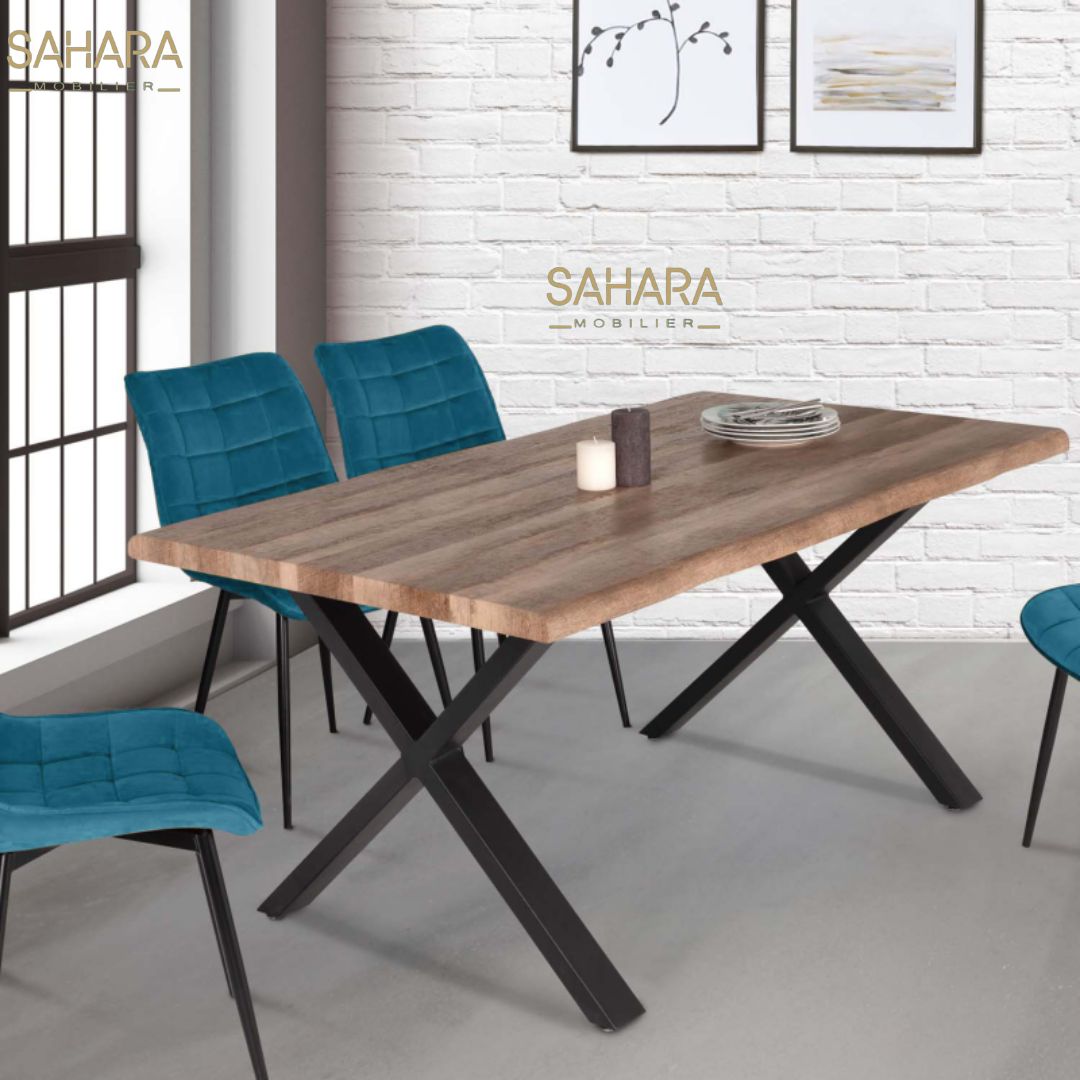 TABLE À MANGER DAKOTA 6 PERSONNES PIEDS FORME EN X DESIGN INDUSTRIEL 160 CM B2766