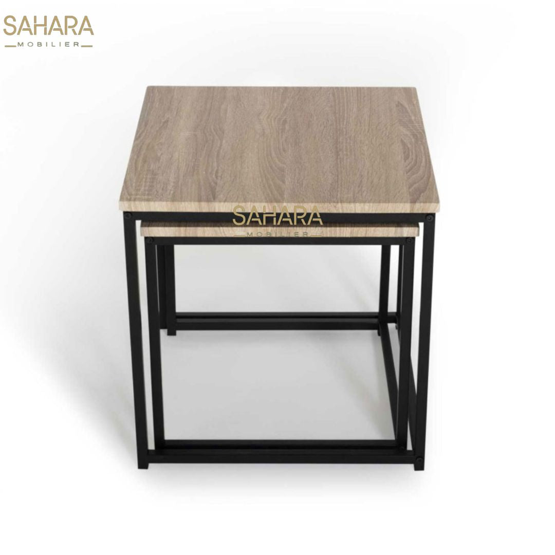 LOT DE 2 TABLES BASSES GIGOGNES 40/45 DESIGN INDUSTRIEL BOIS ET MÉTAL NOIR Réf B2772