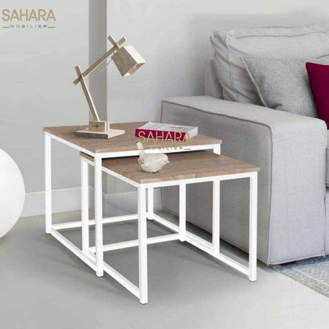 LOT DE 2 TABLES BASSES GIGOGNES 40/45 DESIGN INDUSTRIEL BOIS ET MÉTAL BLANC Réf B2505