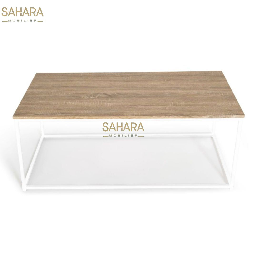 TABLE BASSE 113 CM DESIGN INDUSTRIEL BOIS ET MÉTAL BLANC Réf B2777