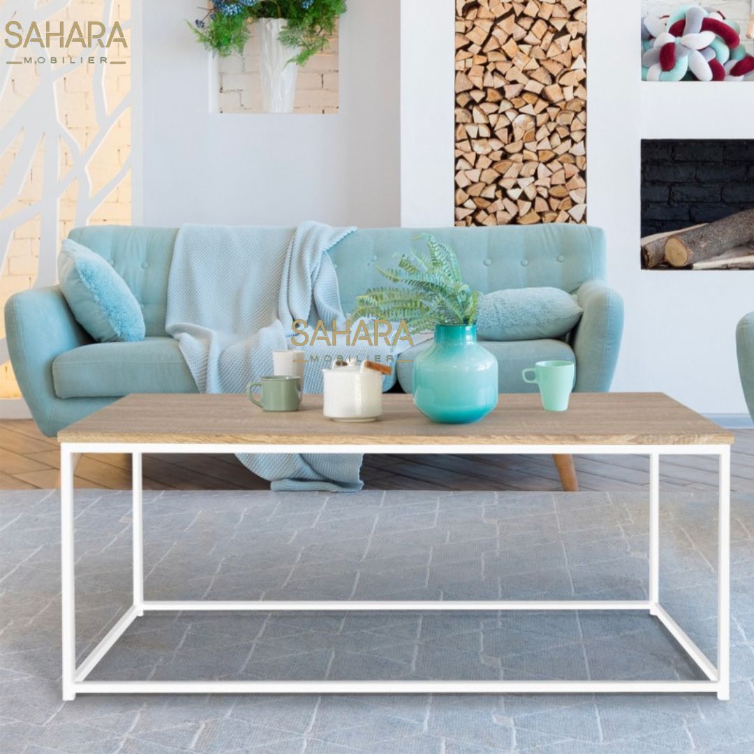 TABLE BASSE 113 CM DESIGN INDUSTRIEL BOIS ET MÉTAL BLANC Réf B2777