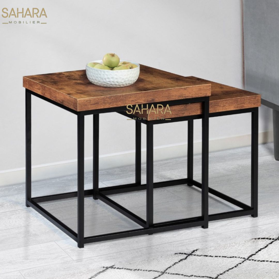 Lot de 2 tables basses gigognes industrielles effet bois vieilli Réf B2780