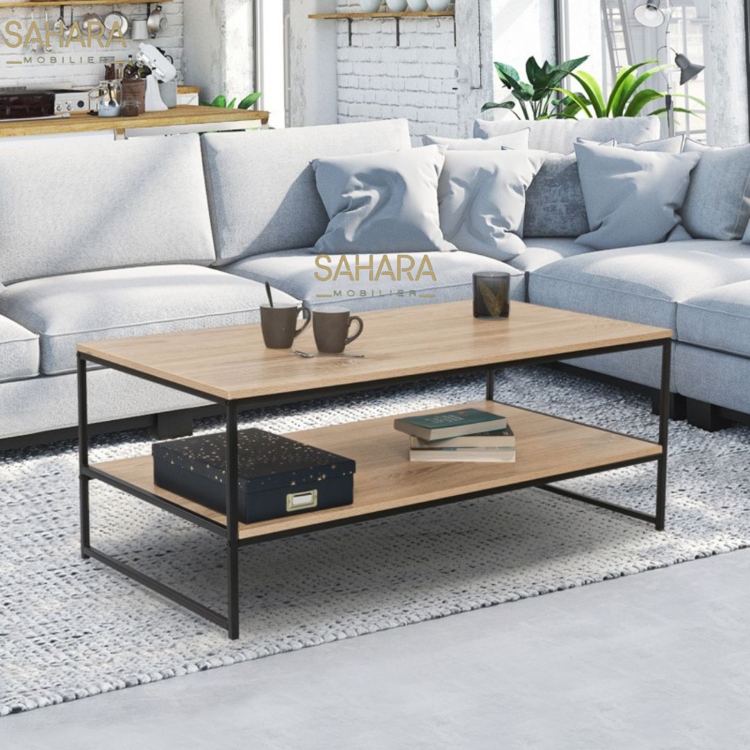 TABLE BASSE DOUBLE PLATEAU 113 CM DESIGN INDUSTRIEL Réf B2456