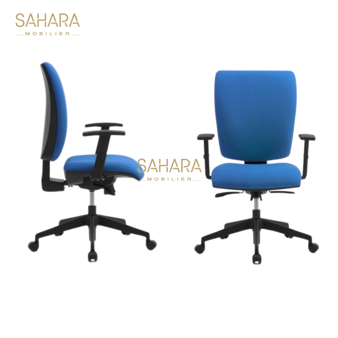 fauteuil en tissu bleu avec accoudoirs réglables piétements sur 5 branches