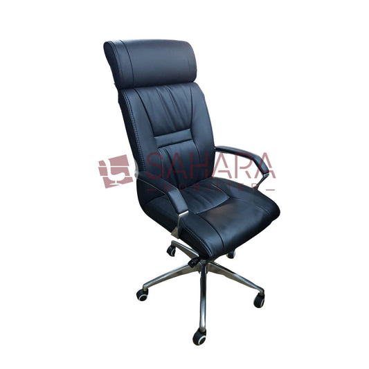 Fauteuil de direction dossier haut avec accoudoirs fixes revêtu en PP, sur piètement chromé en5 branches