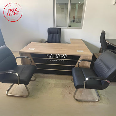 Pack BROWN ( Bureau Avec Retour 160cm + Caisson + Pack Fauteuils + Armoire Basse + Porte Manteau ) Réf B3582