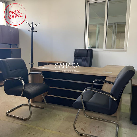 Pack BROWN ( Bureau Avec Retour 160cm + Caisson + Pack Fauteuils + Armoire Basse + Porte Manteau ) Réf B3582