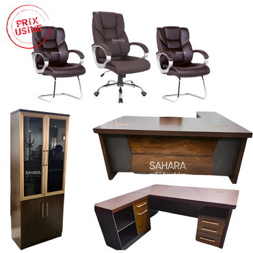 Pack Bureau CUSTOMIZE ( Bureau 160cm + Retour mobile +Caisson + Armoire Bibliothèque + Ensemble Fauteuils) Réf B3637