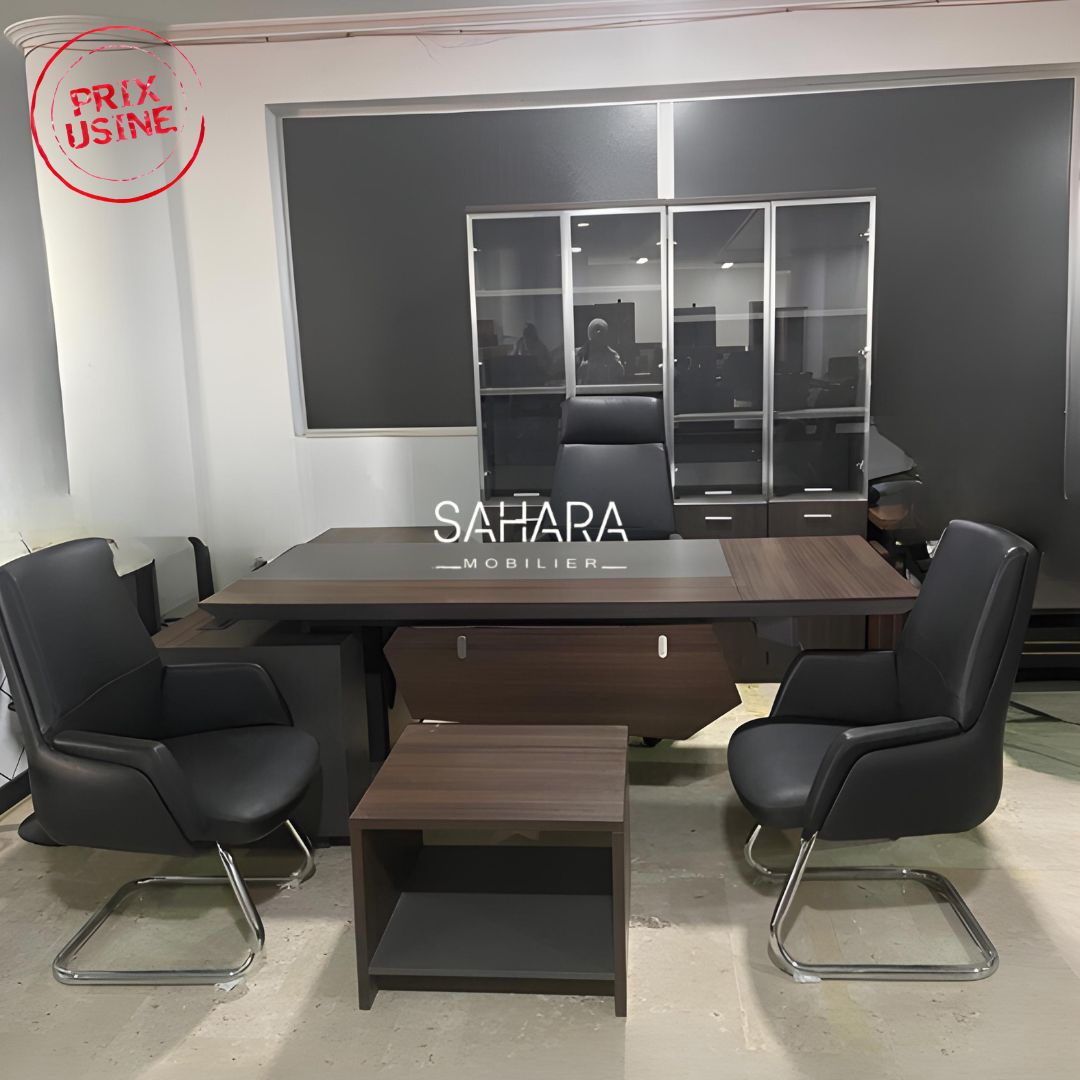 Pack MINSHUKU ( Bureau 220cm + Pack fauteuils + Table basse + Armoire Haute Vitres ) Réf B3585