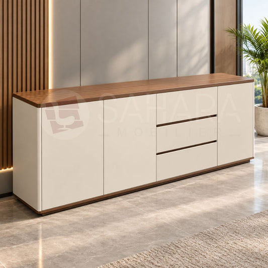 Meuble de rangement bas professionnel avec plateau finition bois, portes beige clair et tiroirs intégrés