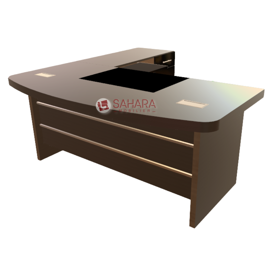 bureau de direction avec retour en bois mélaminé avec sous main et des passe câbles rectangulaire