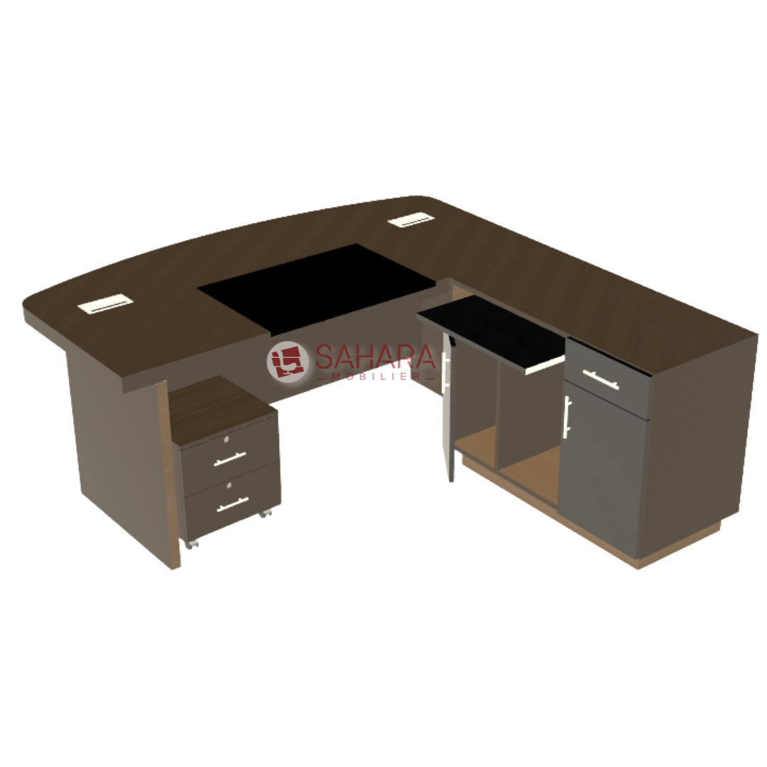 le dos d'un bureau de direction avec retour en bois mélaminé avec sous main et des passe câbles rectangulaire