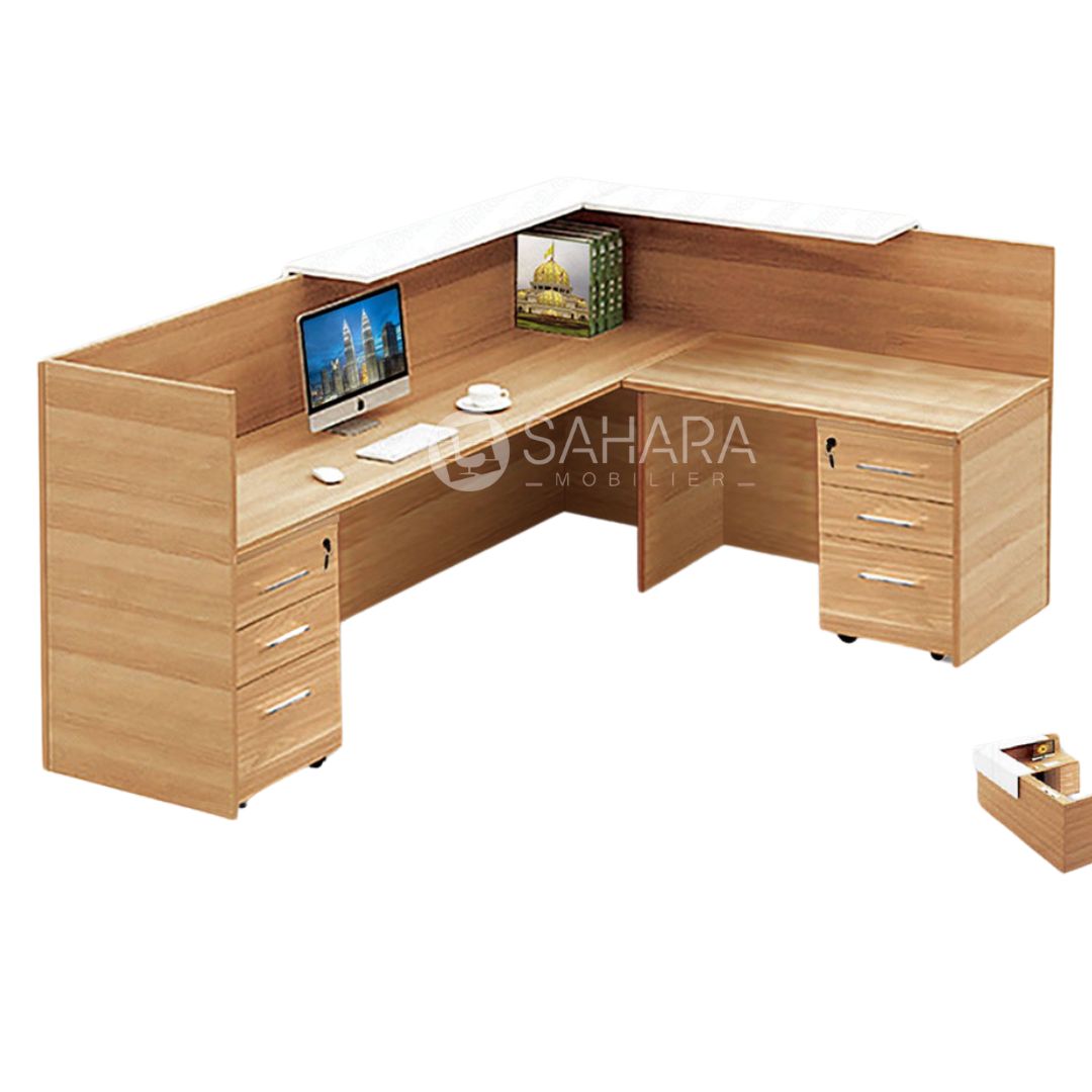 comptoirs d'accueil forme L avec 2 caissons fixé sur le retour exposé avec une chaise opérateur en MeSH