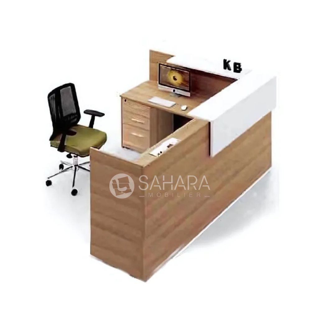 comptoirs d'accueil forme L avec caisson fixé sur le retour exposé avec une chaise opérateur en MeSH