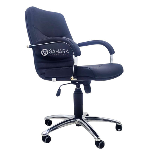 Fauteuil de bureau accoudoirs chromé fixé sur l'assise et le dossier sur 5 branches en aluminium.