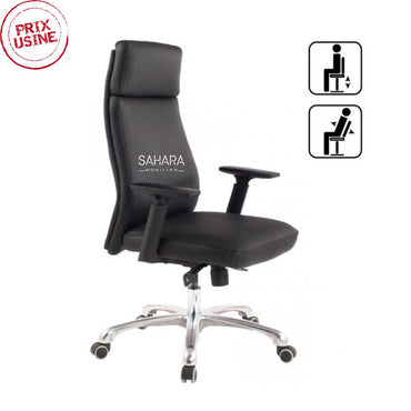 fauteuil de bureau  dossier haut en simili cuir noir avec roulettes sur 5 branches chromé