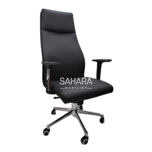 fauteuil de bureau en simili cuir noir avec roulettes sur 5 branches chromé