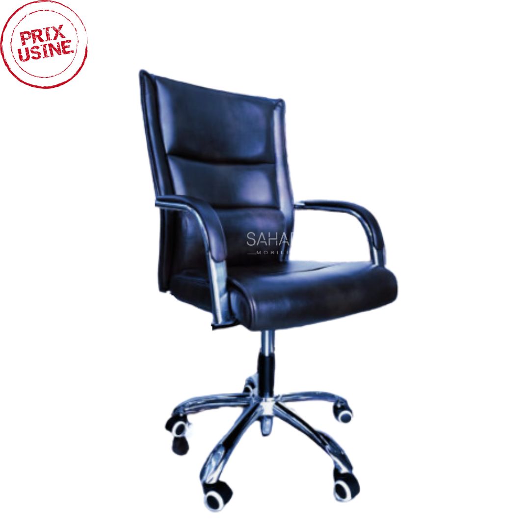 Fauteuil de bureau de direction en simili cuir :
Siège sénateur en simili cuir  
Assise et dossier en mousse de haute densité revêtue en simili cuir avec rembourrage et coussinet lombaire
Accoudoirs en  chromé avec manchettes en simili cuir 
Mécanisme synchrone avec réglage de tension 
Mécanisme de réglage en hauteur 
Piètements à 5 branches chromé sur roulettes.
