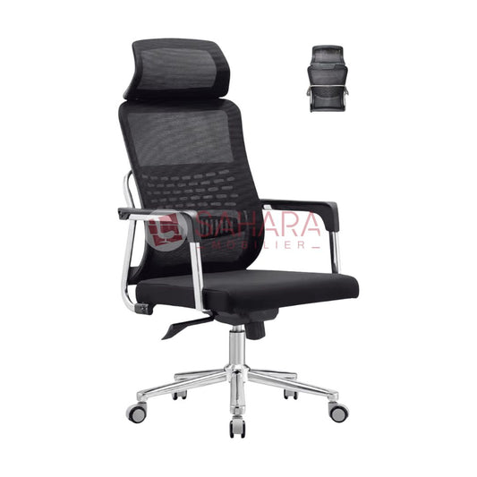 Dossier : en tissu MeSH respirant haute résistance, ergonomique, avec soutien lombaire intégré.
Assise : rembourrage en mousse haute densité, revêtement en tissu MeSH assorti.
Accoudoirs : fixes, en polypropylène noir avec finition lisse.
Mécanisme : basculant avec réglage de tension et blocage de l’inclinaison.
Hauteur d’assise : réglable par vérin à gaz de qualité supérieure.
Piètement : étoile 5 branches;chromé;, équipé de roulettes silencieuses.
Capacité de charge : jusqu’à 120 kg.