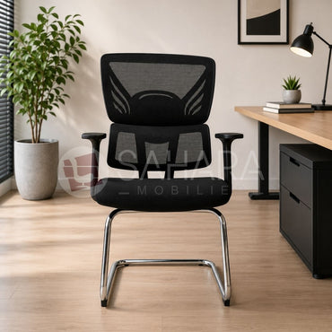 fauteuil visiteur ergonomique pour bureau en MeSH avec accoudoirs forme T et piètements chromé