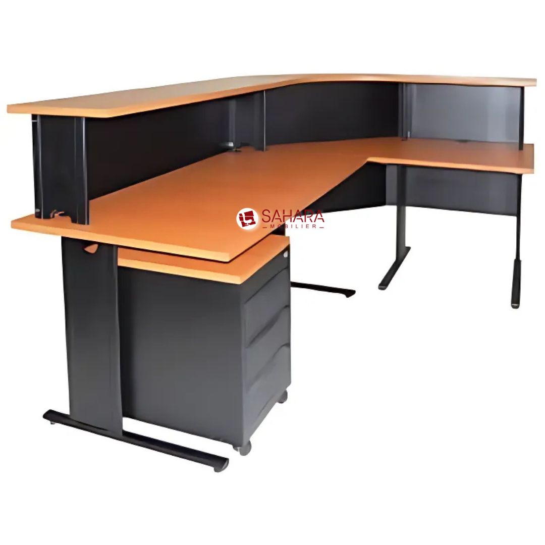 le devant d'un Bureau comptoir fabriqué en bois et en métal sur des piètements sous forme L avec caisson de 3 tiroirs sur roulettes