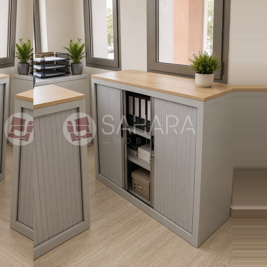 Armoire basse porte rideau avec top en bois