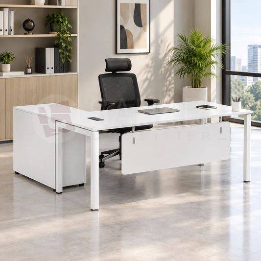Bureau professionnel blanc avec retour et caisson de rangement Réf C1348