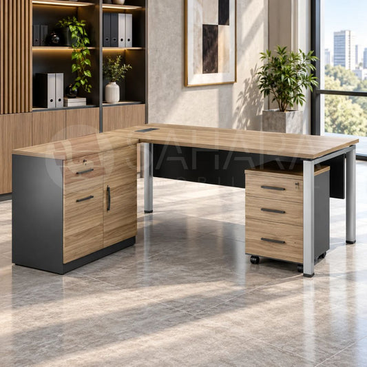 Bureau d'angle avec caissons de rangement et piétement métallique Réf C1343
