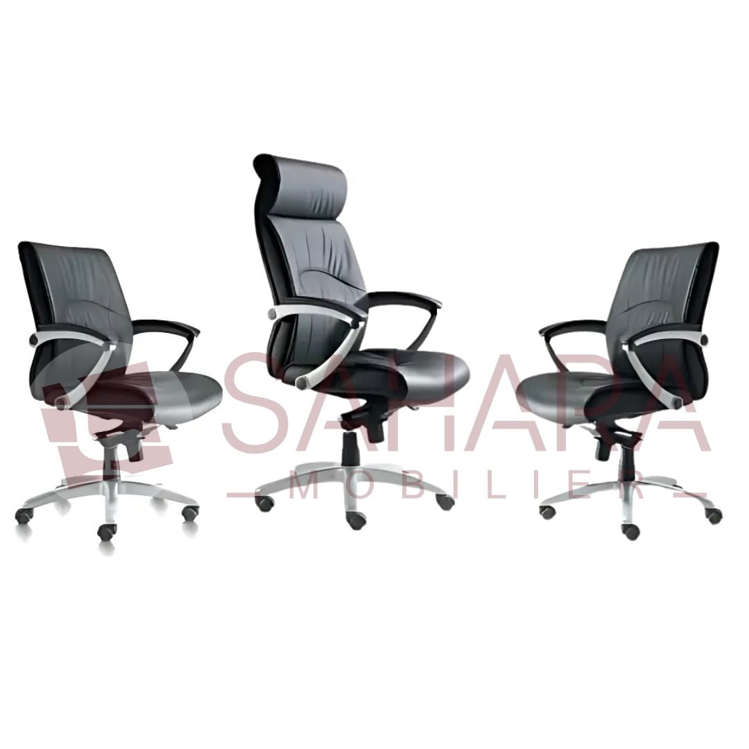 Pack de fauteuil en simili cuir noir avec accoudoirs forme V, les trois fauteuils sur 5 branches