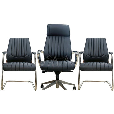 pack fauteuil bureau en simili cuir noir, deux auteuil visiteurs en luge et un fauteuil président têtière intégré accoudoirs fixés sur l'assise et le dossier